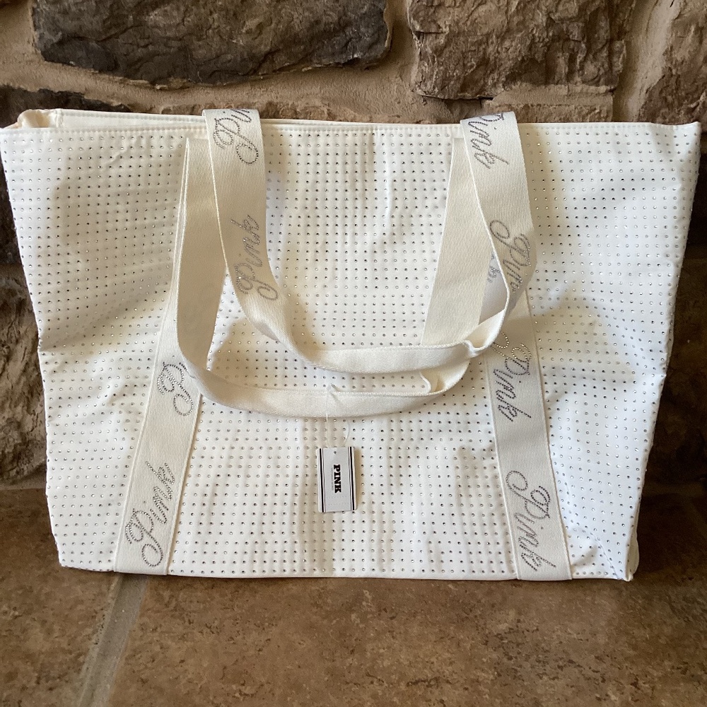 Pink Victoria Secret Overnight Tote Cream Rhinestone Jeweled NWT
